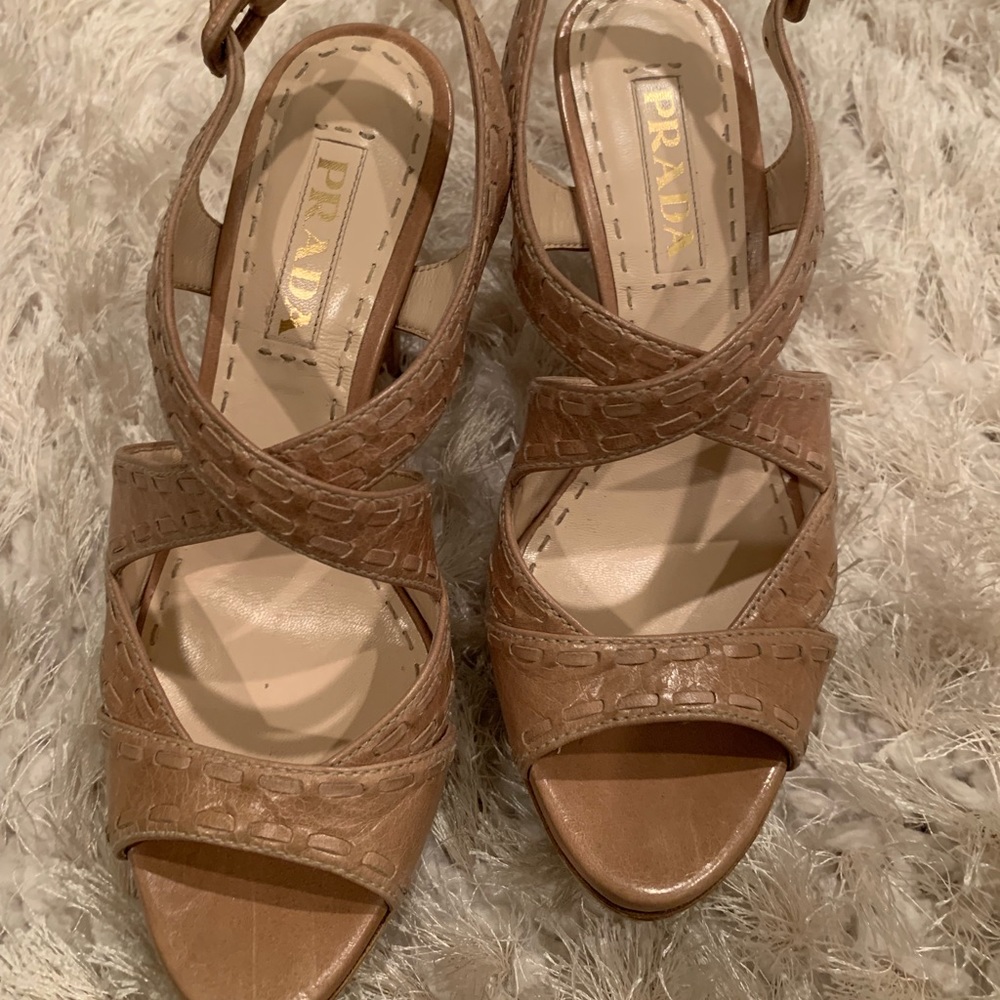 Prada tan strappy heel